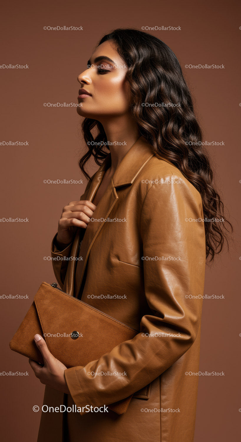 Elegant Woman in Brown Leather Jacket with Clutch in Studio Portrait