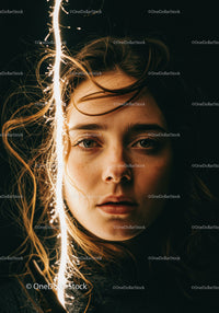 Young woman illuminated by bright sparkler in dark