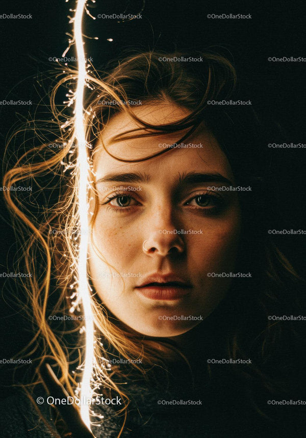 Young woman illuminated by bright sparkler in dark
