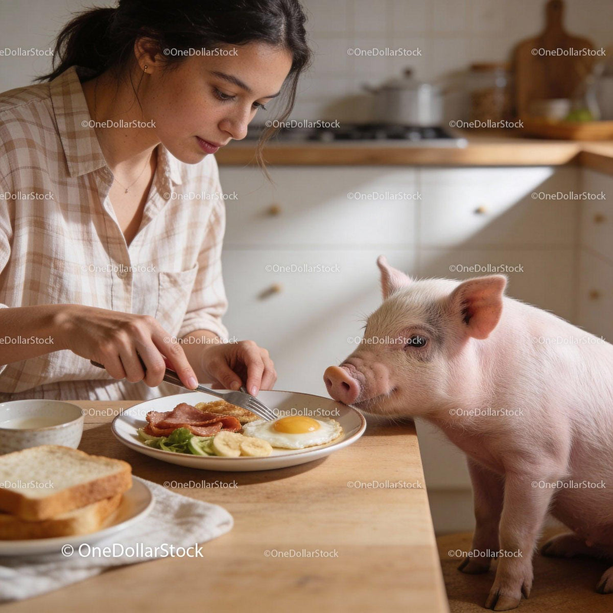 Woman Having Breakfast with Pet Pig in Cozy Kitchen