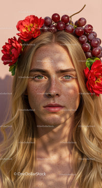 Beautiful Woman Wearing Floral Crown with Red Alstroemeria and Grape Flowers