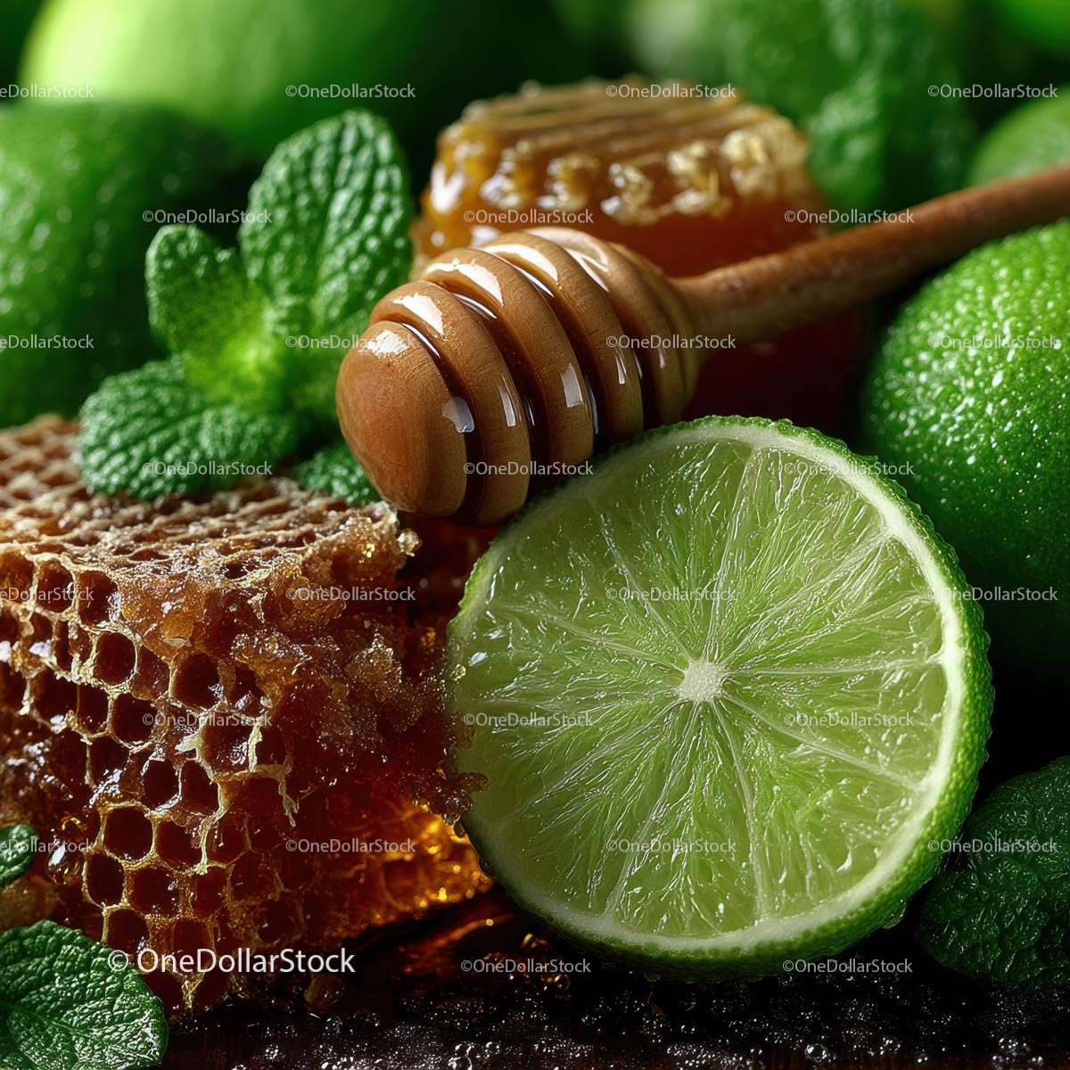 Fresh Limes, Mint Leaves and Honeycomb for Delicious Recipes