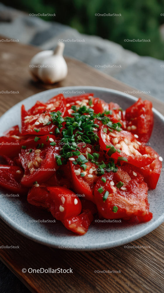 Fresh Red Bell Peppers and Garlic on a Rustic Plate