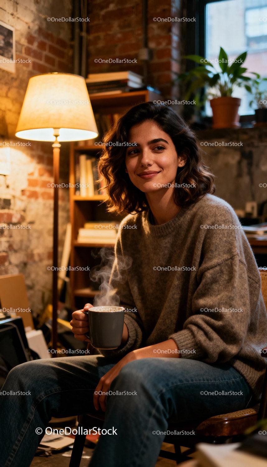 Young woman enjoying warm drink in cozy living room