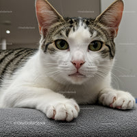 Curious tabby cat lying on gray surface closeup