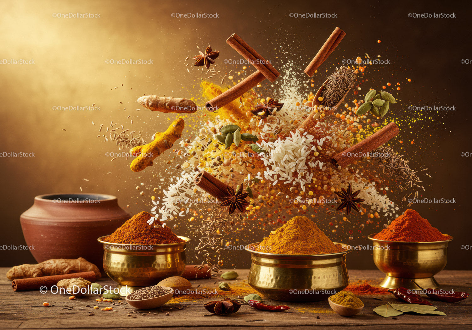 Variety of Indian spices and herbs flying midair