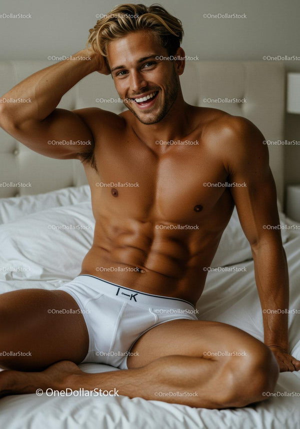 Smiling fit man relaxing on bed in white underwear
