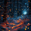 Glowing Fireflies Illuminate Snowy Forest Pathway