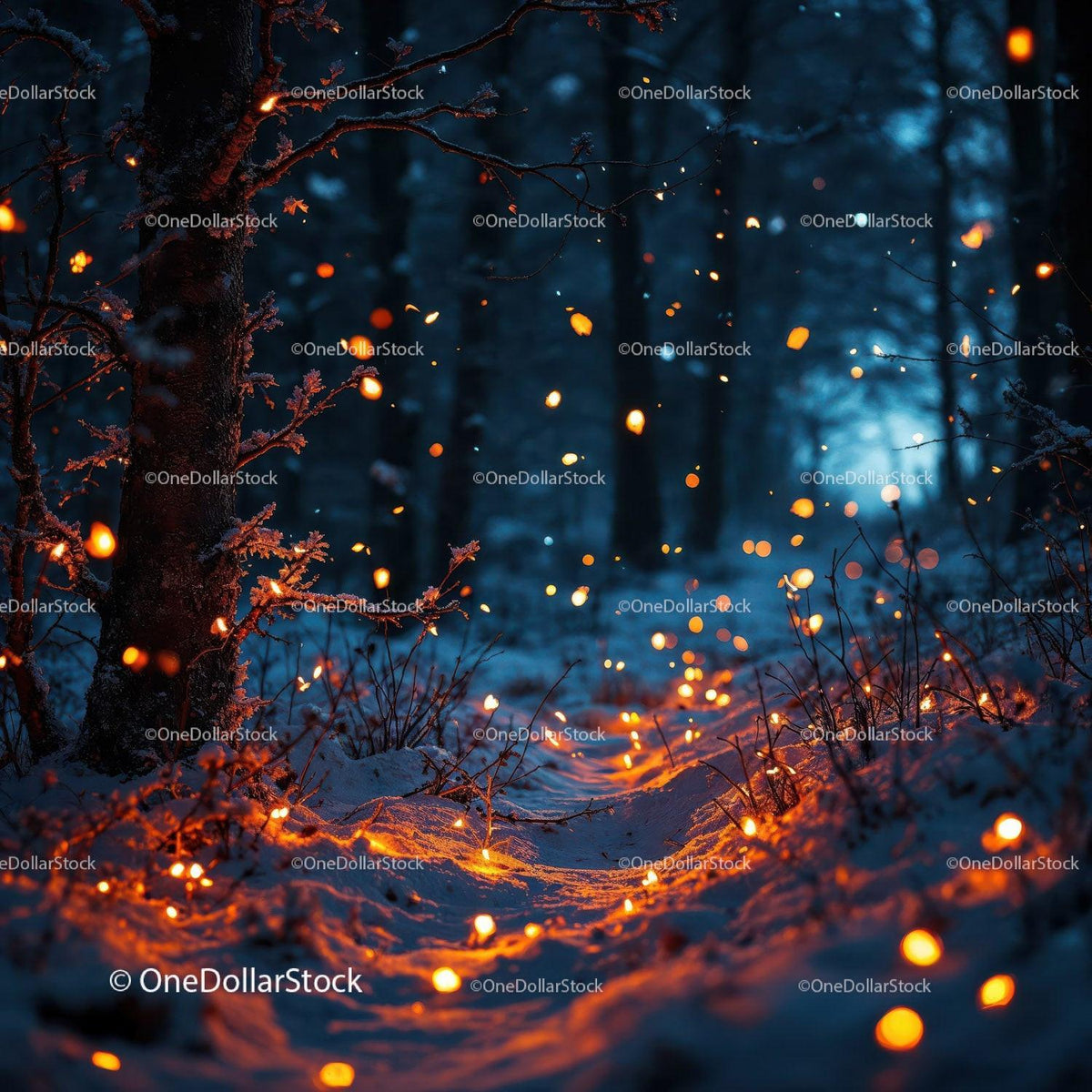 Glowing Fireflies Illuminate Snowy Forest Pathway