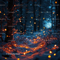 Glowing Fireflies Illuminate Snowy Forest Pathway