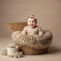 Smiling Baby Sitting in Cozy Wicker Basket with Fur
