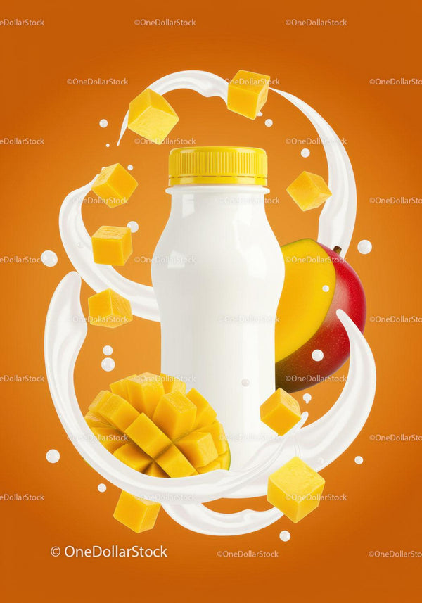Mango flavored yogurt bottle with fresh mango cubes JPG Mockup Image