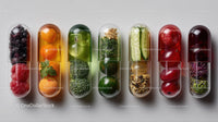 Assorted Capsule Containers with Vitamins and Supplements in a Row