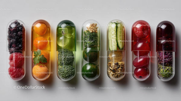 Assorted Capsule Containers with Vitamins and Supplements in a Row