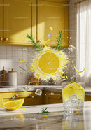Refreshing lemon and rosemary sparkling water splash