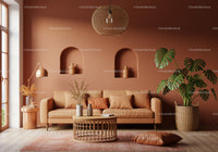 Modern Living Room with Peach Sofa and Indoor Plants in Terracotta Wall