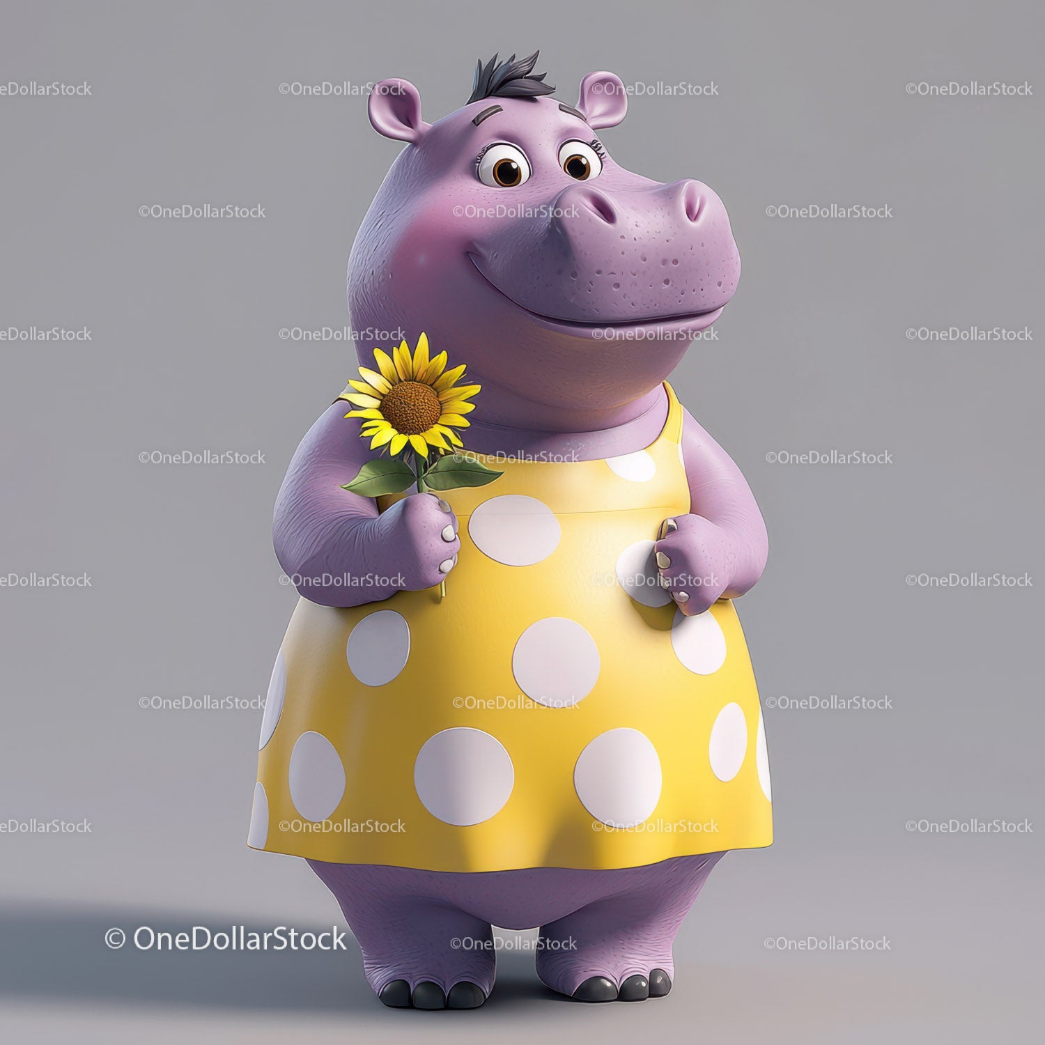 Cute Hippo in Yellow Polka Dot Dress Holding Sunflower