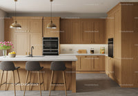 Contemporary Wooden Kitchen with Grey Bar Stools and Modern Appliances