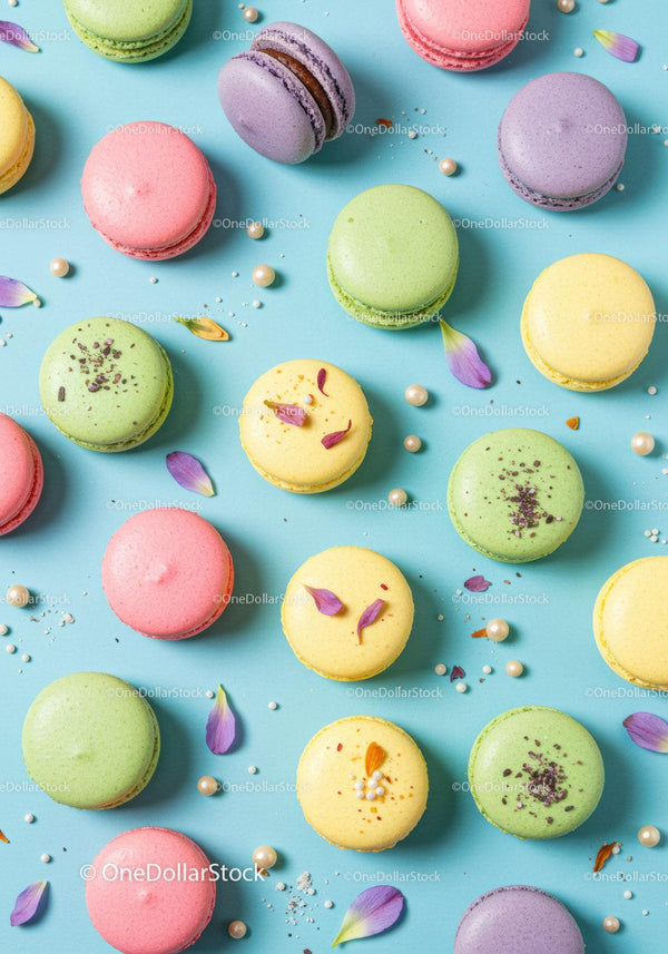 Colorful French macarons with floral decoration on blue