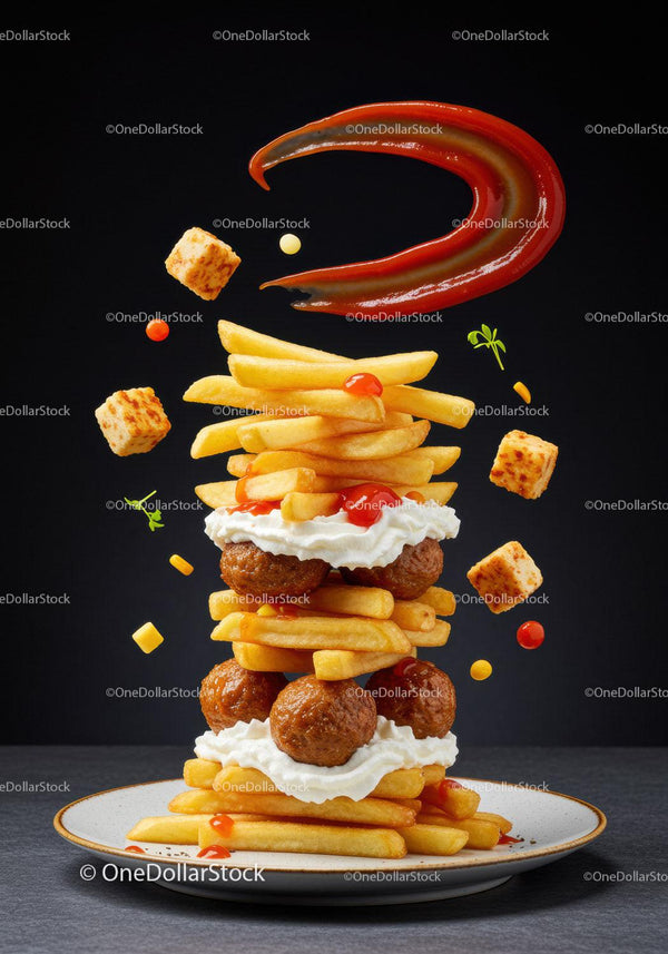 Stack of Fries Meatballs and Cream with Sauces Splash