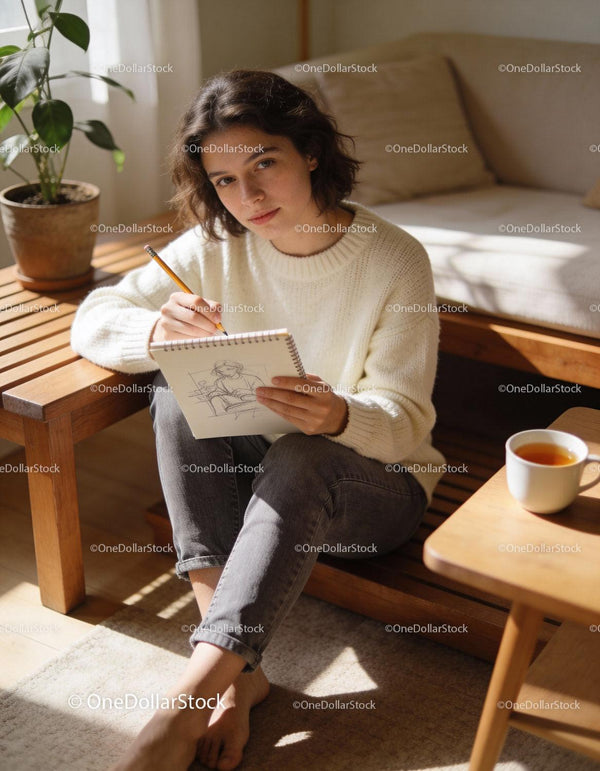 Young woman sketching in cozy natural light at home
