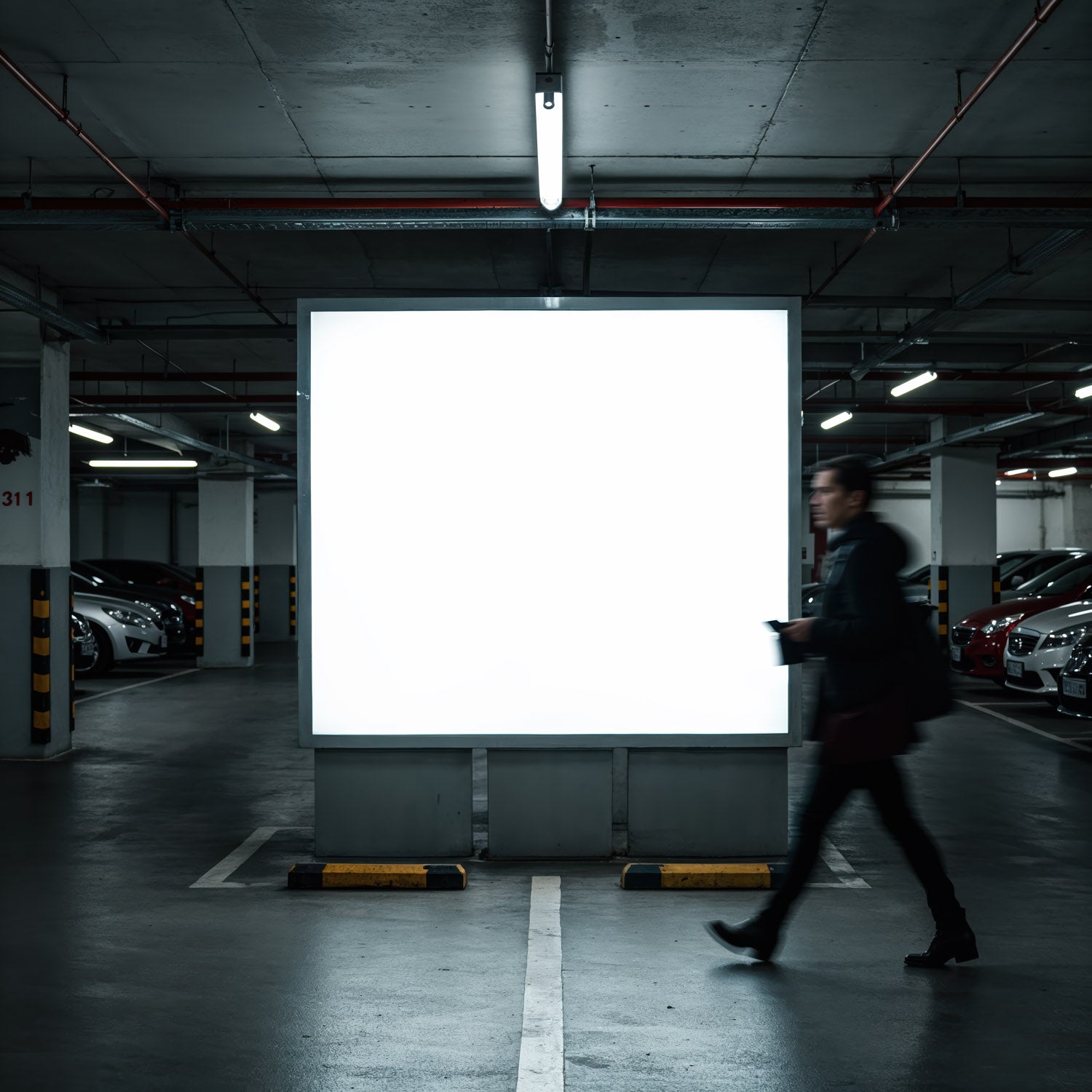 Man walking past illuminated billboard in parking garage