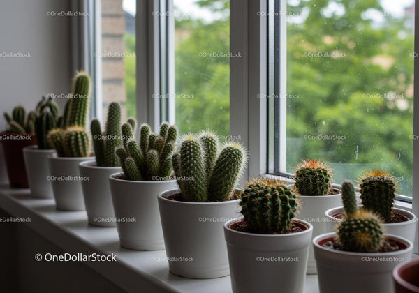 Collection of Cacti and Succulents in White Pots Near Window