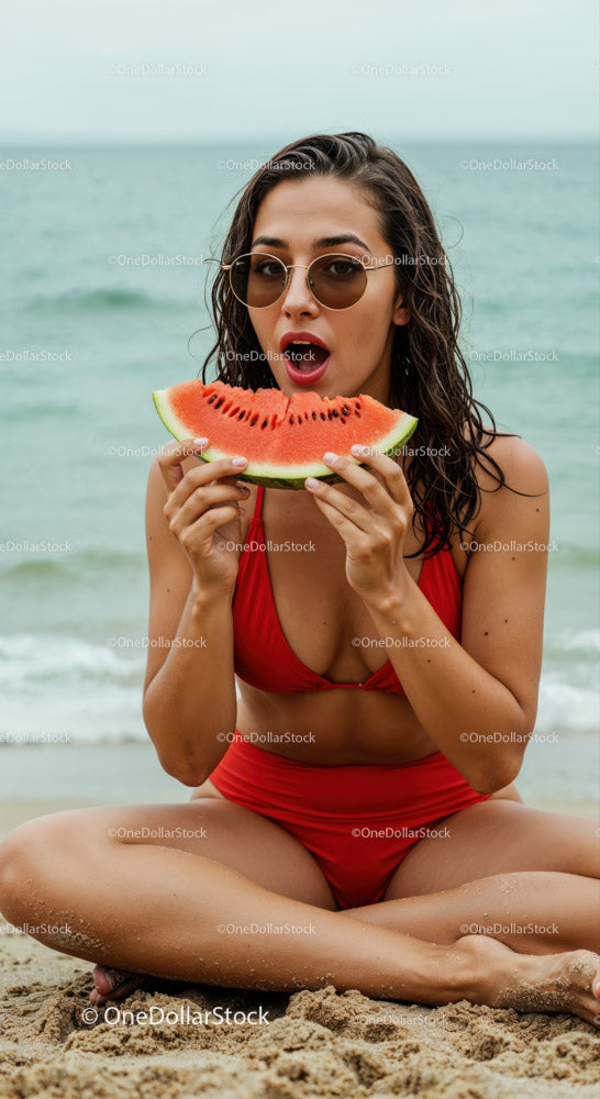 Young Woman in Red Bikini Eating Watermelon at the Beach