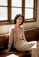 Calm woman in soft beige outfit sitting by window