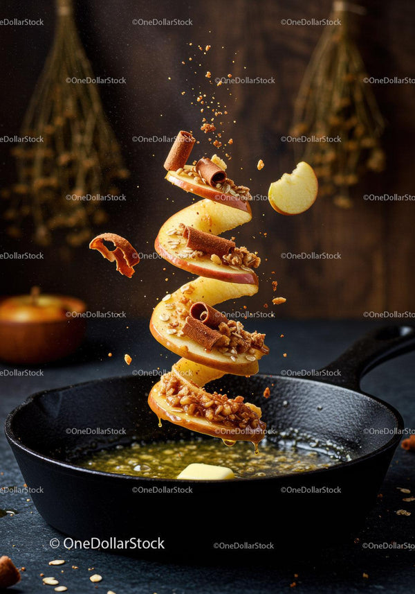 Spiced apple slices with oats and cinnamon in skillet