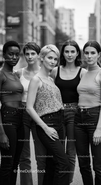 Confident diverse women standing close on urban street