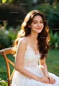 Smiling young woman in delicate white lace dress outdoors