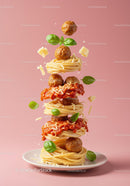 Stack of spaghetti nests with meatballs and basil leaves