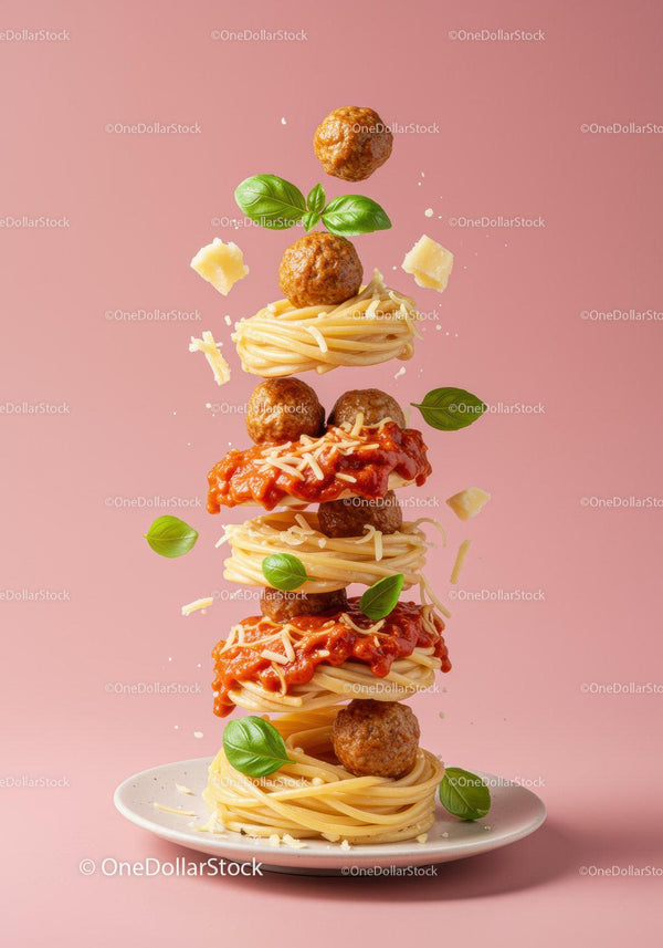 Stack of spaghetti nests with meatballs and basil leaves