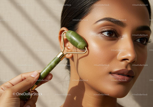 Woman Using Jade Face Roller for Skincare Routine with Natural Glow