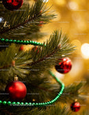 Close Up of Christmas Tree with Red Ornaments and Green Garland