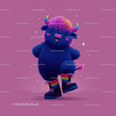 Colorful Furry Mascot with Rainbow Horns Wearing Boots and Smiling
