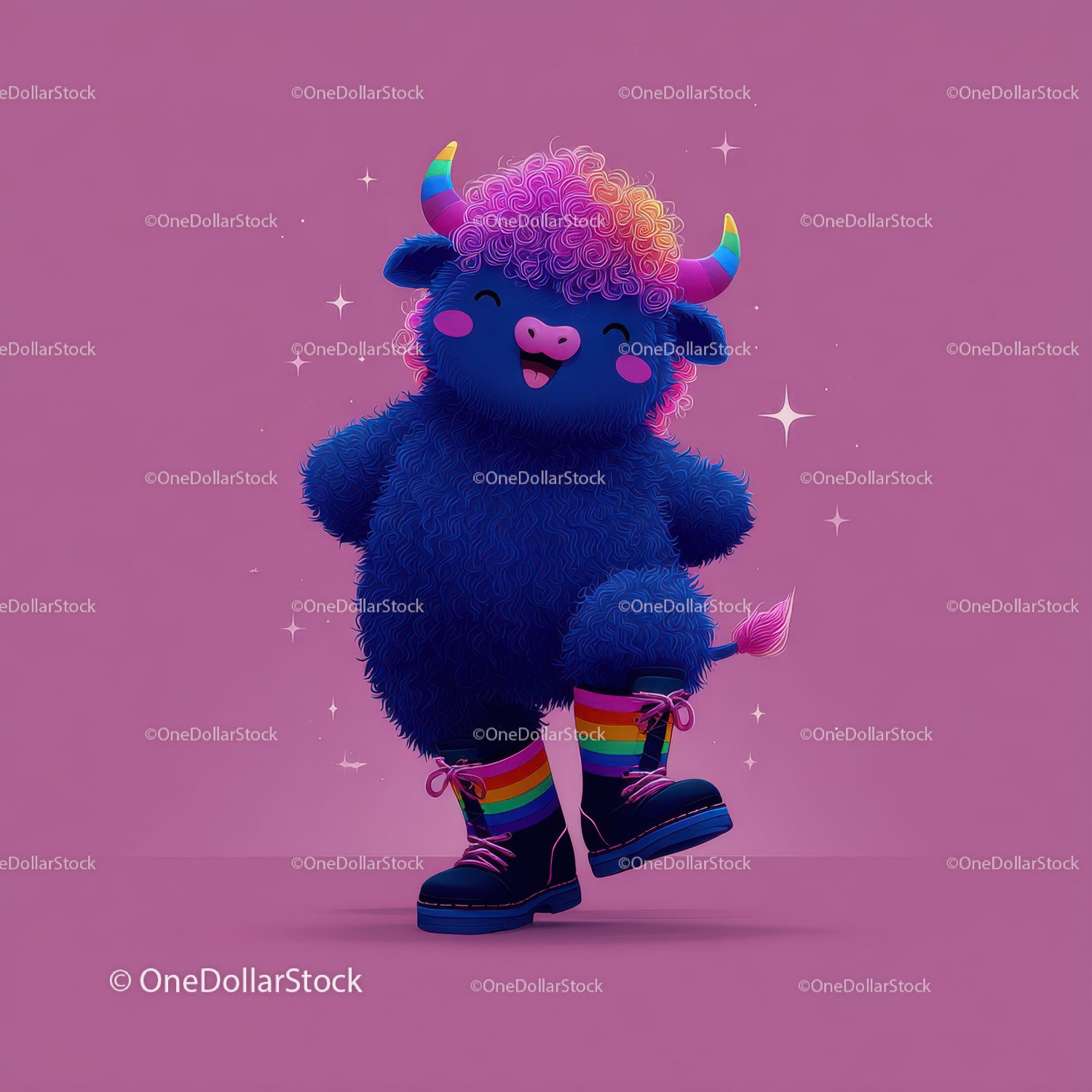 Colorful Furry Mascot with Rainbow Horns Wearing Boots and Smiling