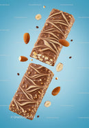 Chocolate Nut Protein Bars with Almonds on Blue Background