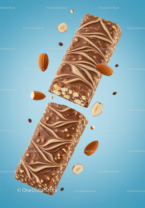 Chocolate Nut Protein Bars with Almonds on Blue Background