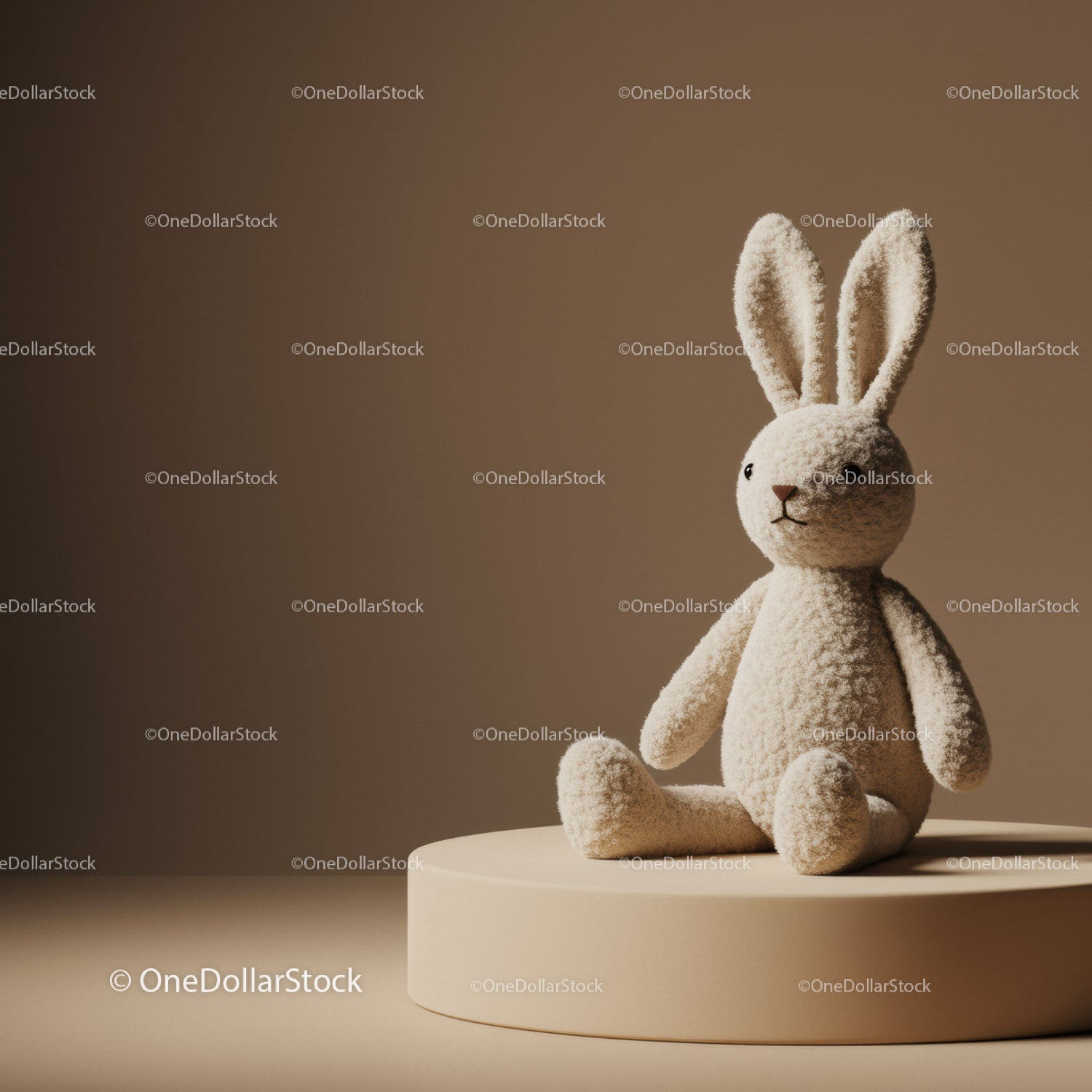 Soft Plush Bunny Sitting on Round Pedestal
