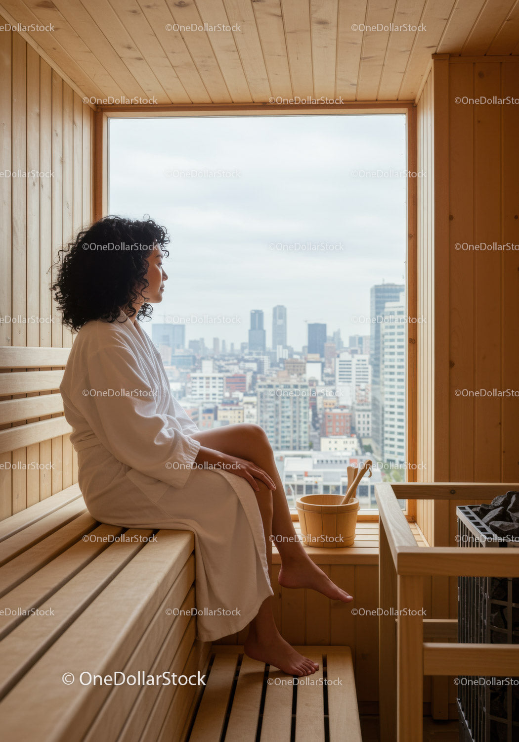 Relaxing Woman Sitting in Sauna With City Skyline View