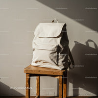 Minimalist beige canvas backpack on wooden chair