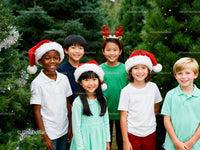 Diverse children celebrating Christmas outdoors among pine trees