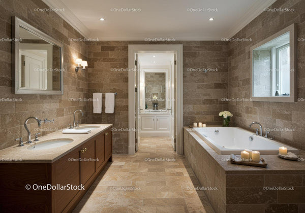 Luxury Bathroom with Double Sinks and Bathtub with Candles