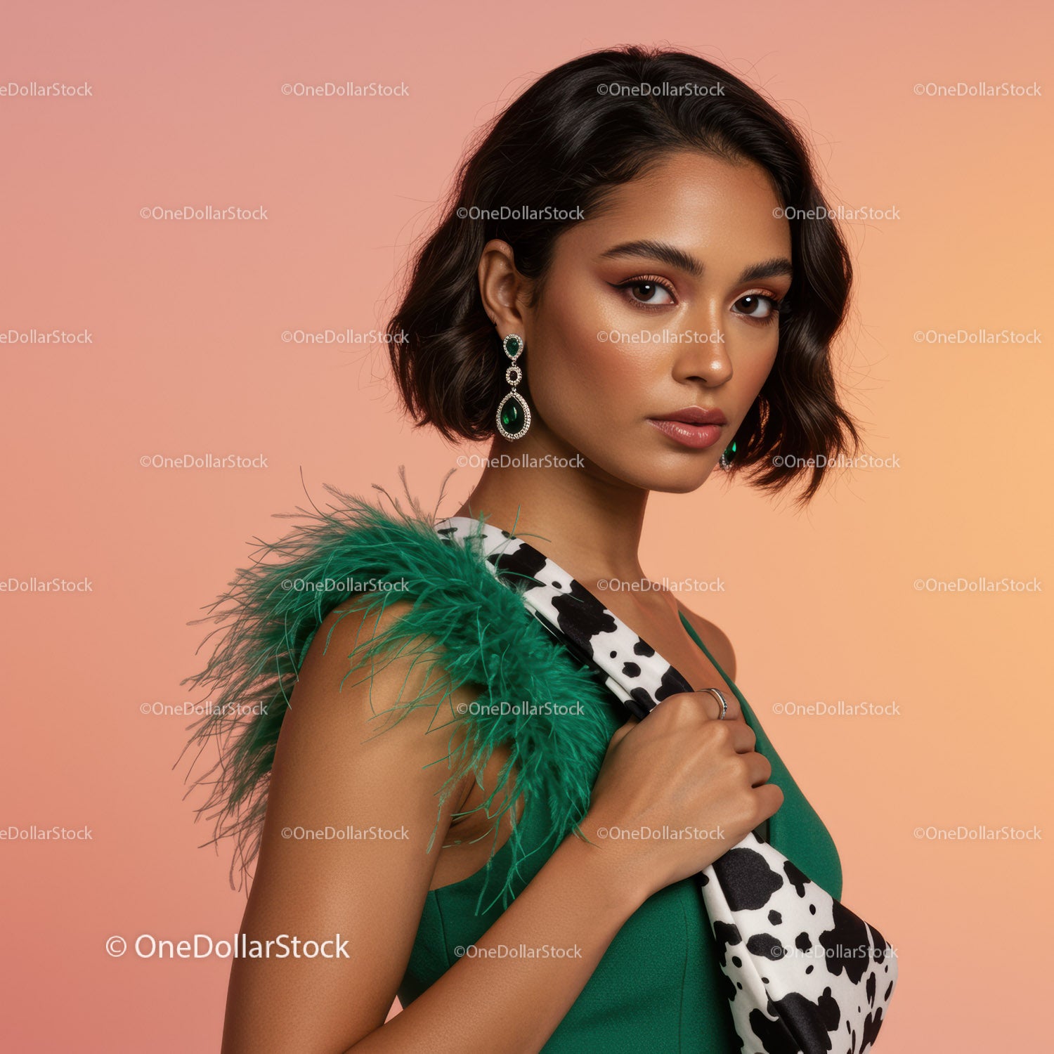 Elegant Fashion Model with Green Dress and Statement Earrings