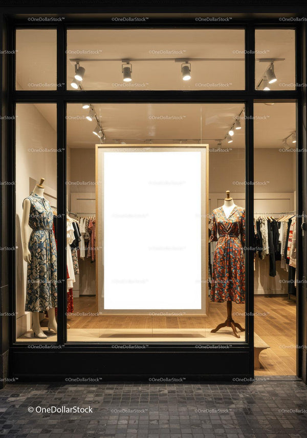 Elegant Dresses Displayed in Boutique Window at Night JPG Mockup Image