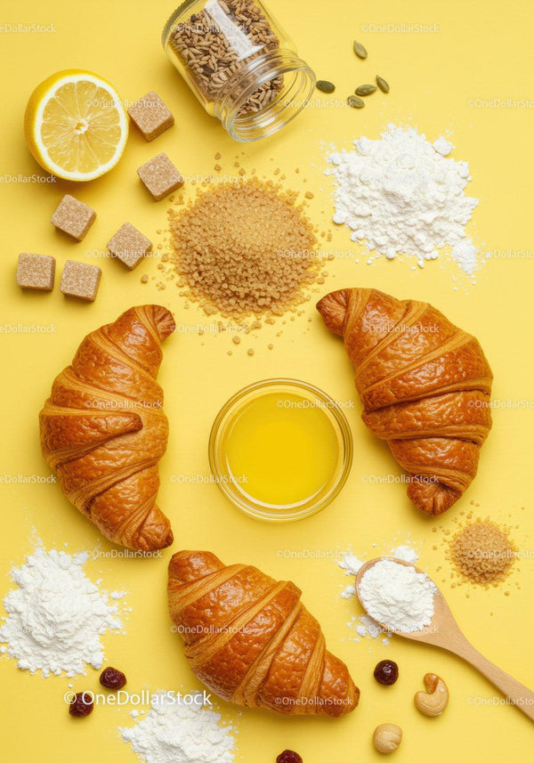 Fresh croissants with baking ingredients and lemon slice