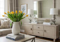 Bright Living Room with Yellow Tulips and Modern Decor