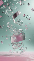 Dynamic Modern Art with Metal Ribbons and Ice Cubes in Midair